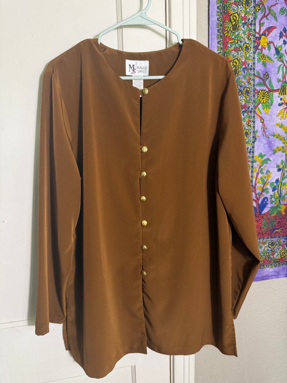Vintage 90s Maggie Sweet Brown Tunic Blouse Large Gold Buttons Made USA